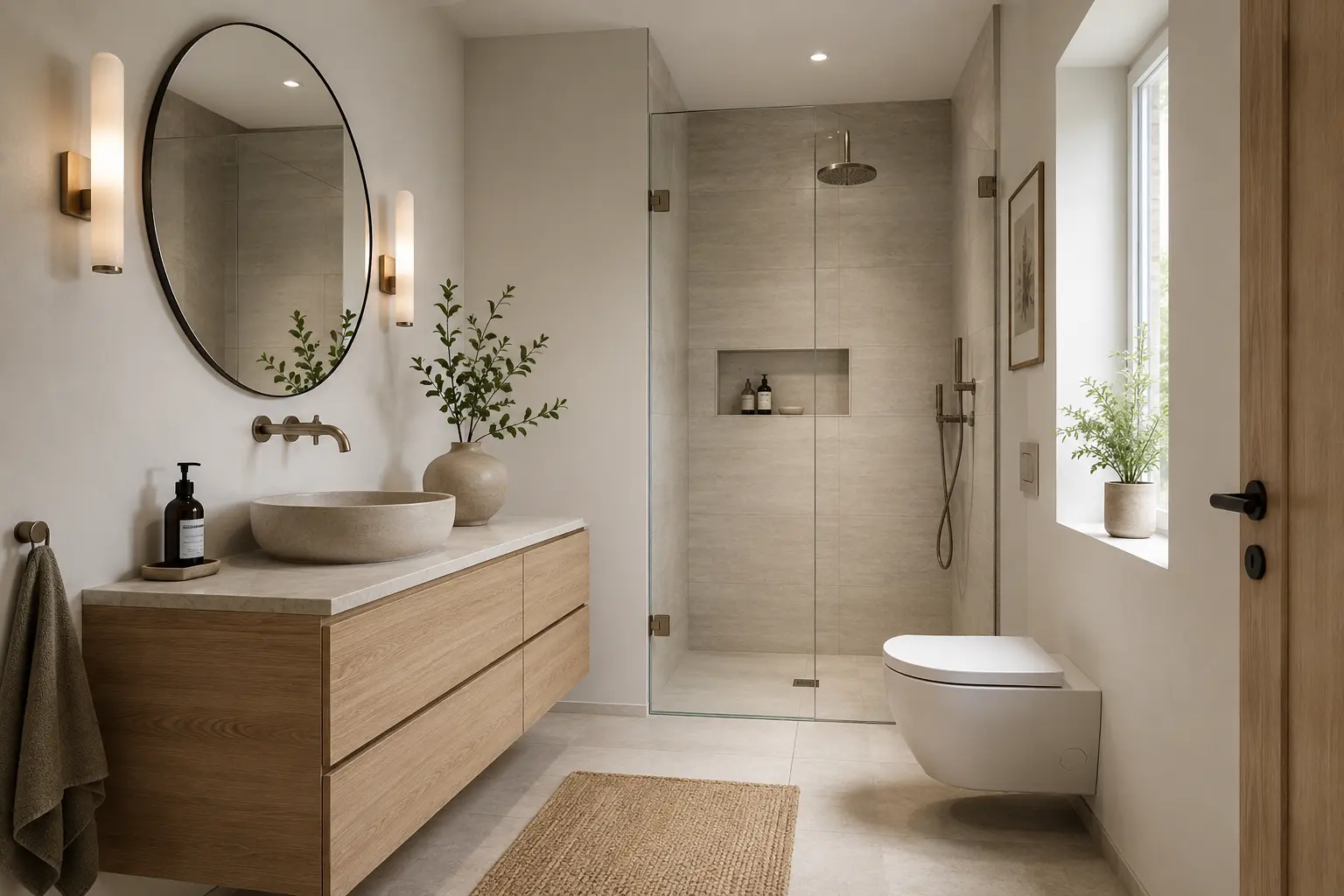Badrumsrenovering i Lund med modernt badrum i ljusa material